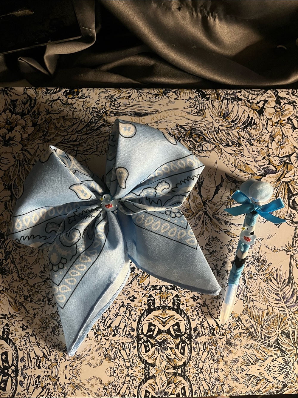Handmade Light Blue Hair Bow and Pom Pom Pen Set